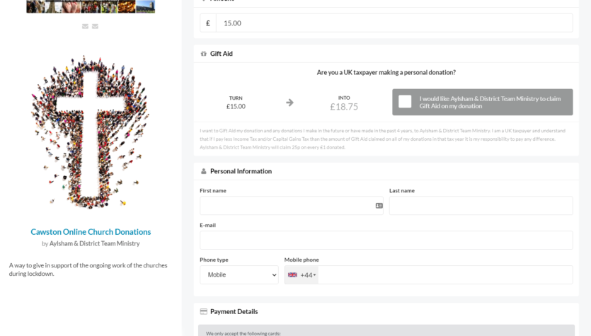 An example of online giving from Cawston Church