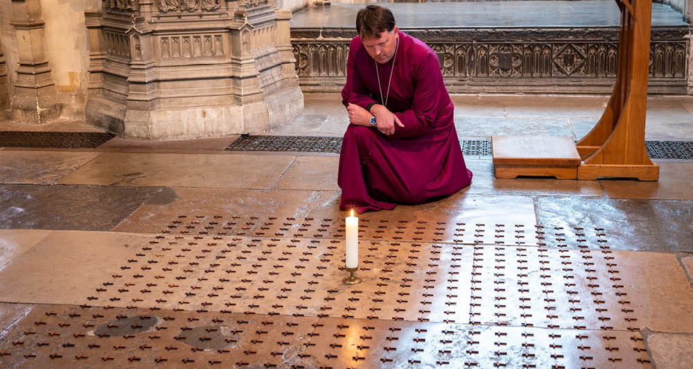 The Bishop of Norwich blesses the Coronavirus Memorial at Norwich Cathedral (c) Bill Smith