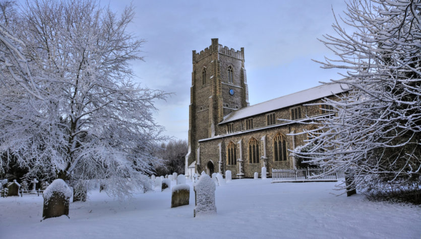 church with snow