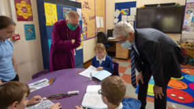 Rt Reverend Bishop Alan Winton with pupils and Richard Cranmer, CEO of St Benet's MAT
