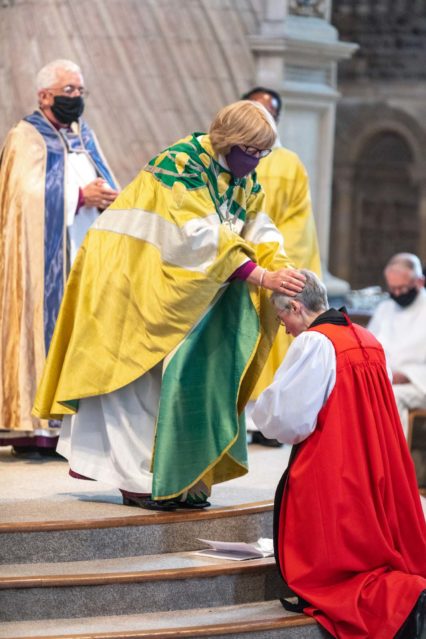 The Rt Revd Sarah Mullally Bishop of London lays hands on the new Bishop of Lynn (c) Diocese of Norwich