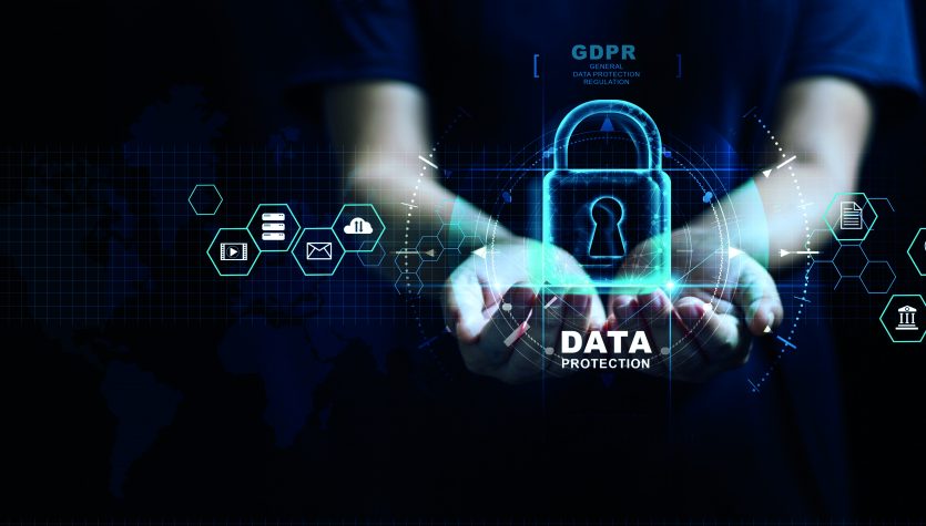 Data protection privacy concept. GDPR. EU. Cyber security network. Business man protecting data personal information on tablet and virtual interface. Padlock icon and internet technology networking connection on digital