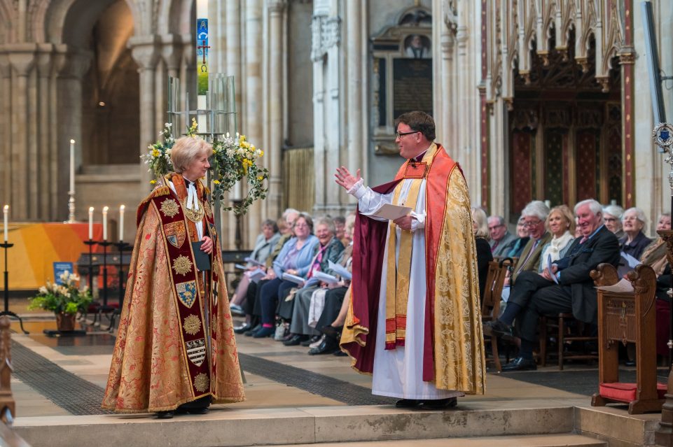 The Very Reverend Jane Hedges, Dean of Norwich, and the Rt Reverend Graham Usher, Bishop of Norwich, speaking at her final service on 1st May 2022 at Norwich Cathedral. Photograph: Norwich Cathedral/Bill Smith