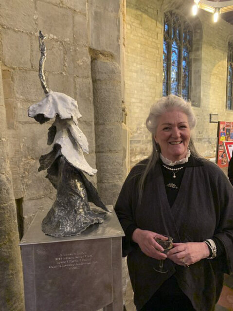Margery Kempe statue with sculptor Rosemary Goodenough. 