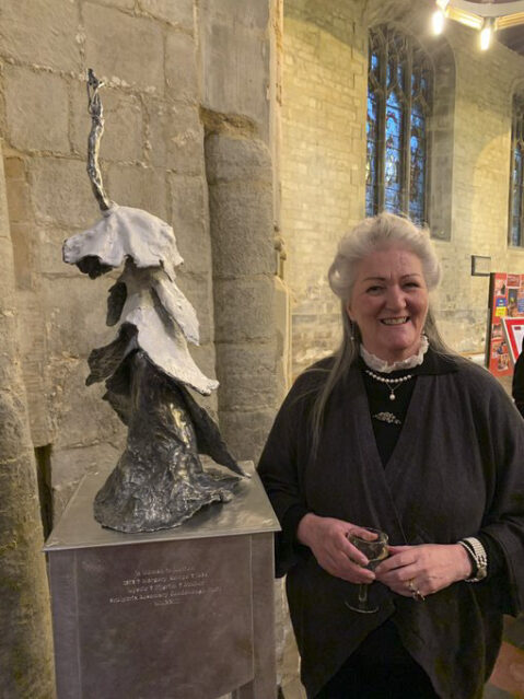 Margery Kempe statue with sculptor Rosemary Goodenough.