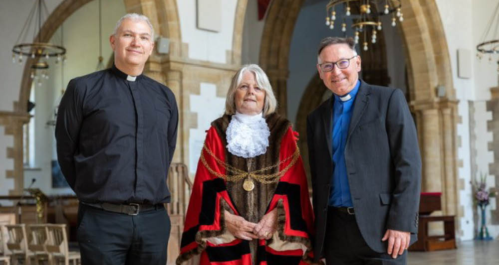 The Revd Simon Ward, Mayor Penny Carpenter and the Ven Ian Bishop at Great Yarmouth Minster