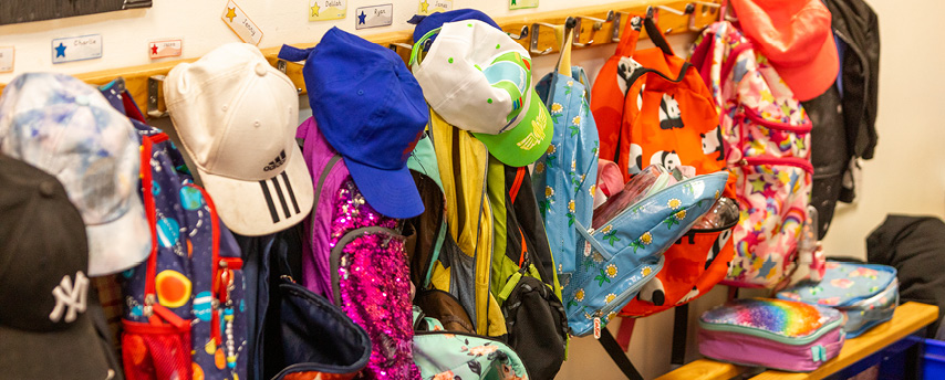Hooks with school children's coats and bags
