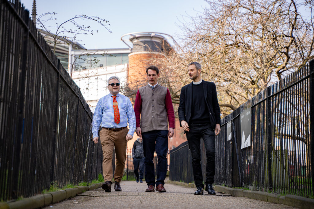 Head verger Chris Sanham, Nicholas Jackson, architect and Revd Canon Edward Carter outside St Peter Mancroft Church