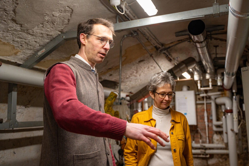 Nicholas Jackson and Barbara Bryant in the boiler room of St Peter Mancroft Church in NOrwich.