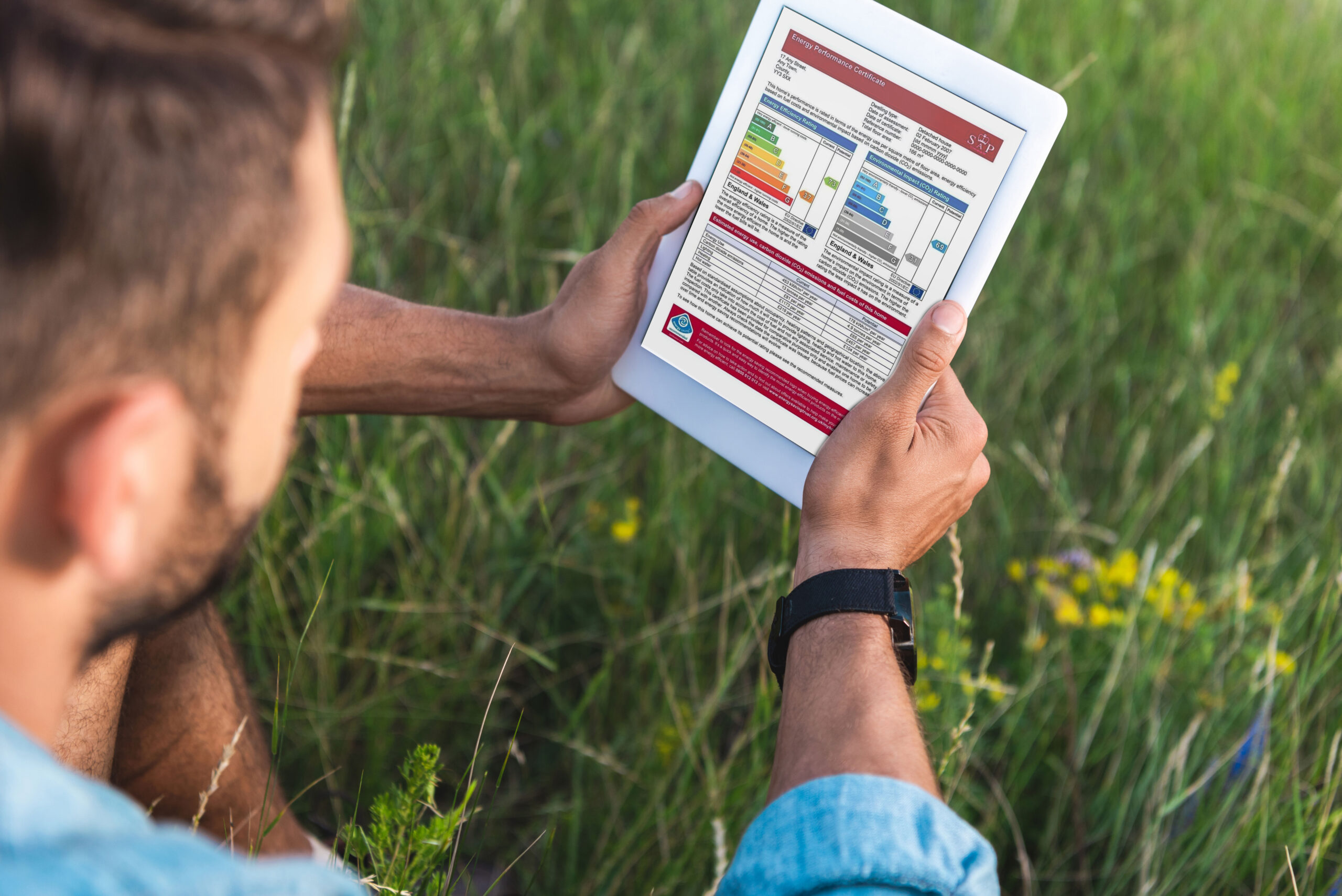 Man completing the energy footprint tool on an iPad