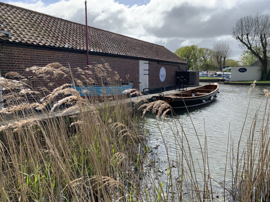 The Norfolk Broads with reeds in the foreground and a boat on the water.